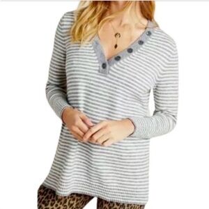 Anthropologie Womens Serena Grey Striped V Neck Henley Sweater Size S